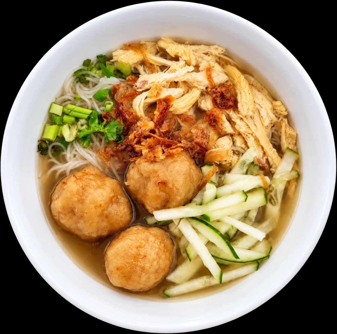 A bowl of bakso from D’Cafe: meatball soup with noodles, shredded chicken, cucumber, spring onion and crispy shallots
