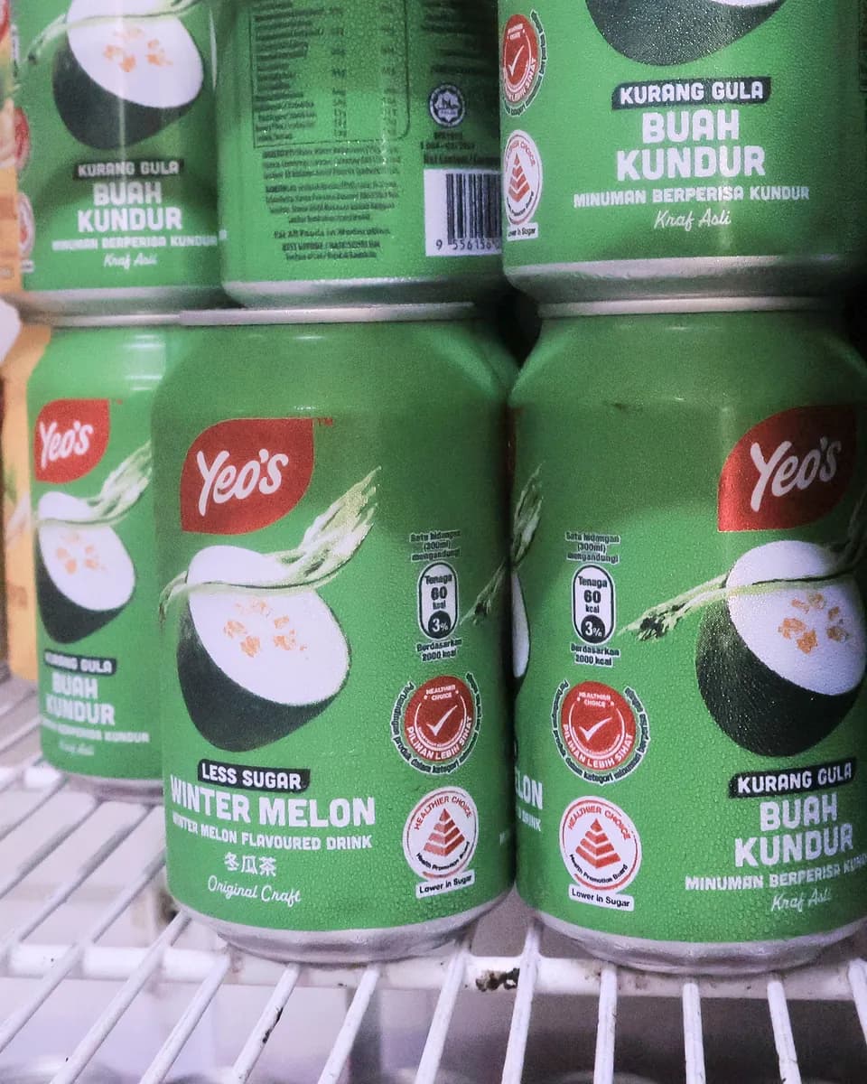 Cans of Yeo’s winter melon drink in the fridge at Mr.Wow Mart